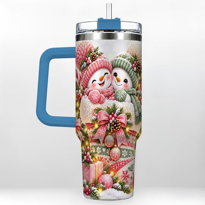 #pl[40oz|Blue] Snowman Duo 40oz Tumbler with Handle, Festive Winter Friends