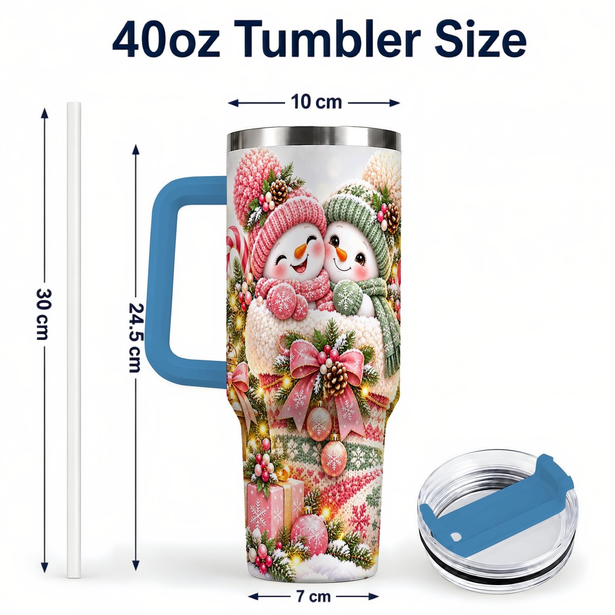 #pl[40oz|Blue] Snowman Duo 40oz Tumbler with Handle, Festive Winter Friends