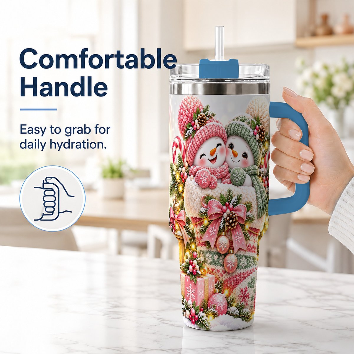 #pl[40oz|Blue] Snowman Duo 40oz Tumbler with Handle, Festive Winter Friends