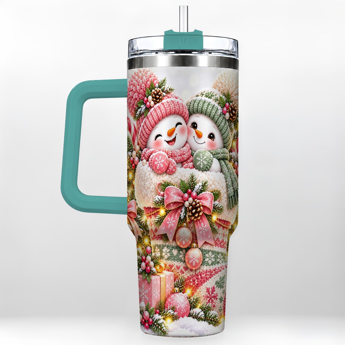 #pl[40oz|Green] Snowman Duo 40oz Tumbler with Handle, Festive Winter Friends