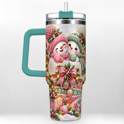 #pl[40oz|Green] Snowman Duo 40oz Tumbler with Handle, Festive Winter Friends