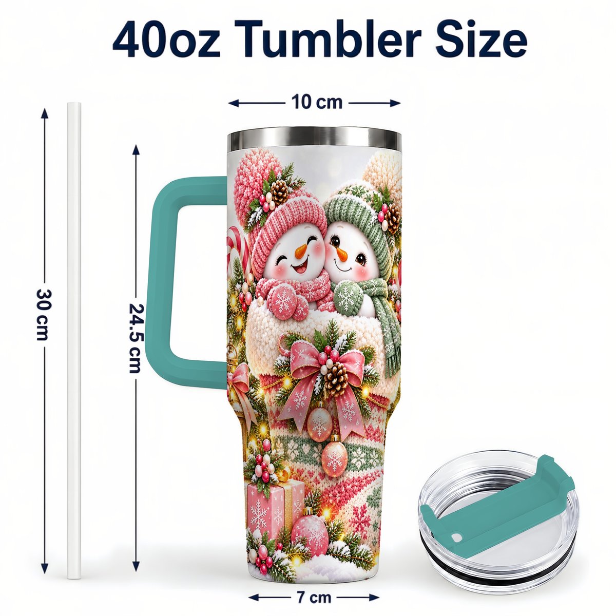 #pl[40oz|Green] Snowman Duo 40oz Tumbler with Handle, Festive Winter Friends