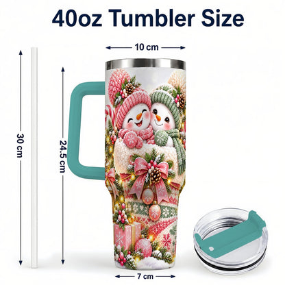 #pl[40oz|Green] Snowman Duo 40oz Tumbler with Handle, Festive Winter Friends