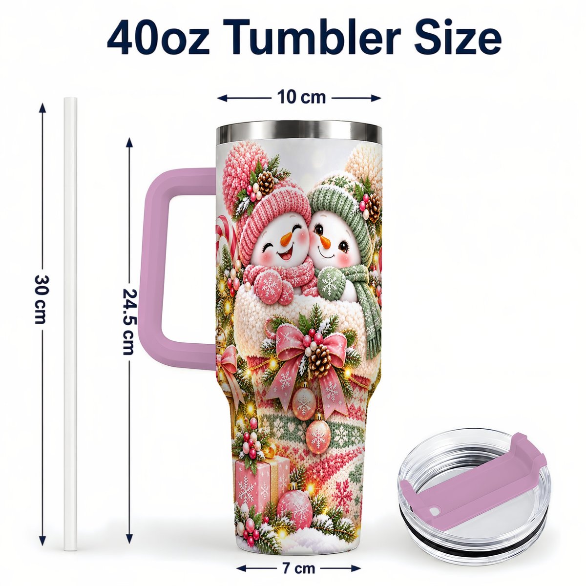 #pl[40oz|Pink] Snowman Duo 40oz Tumbler with Handle, Festive Winter Friends