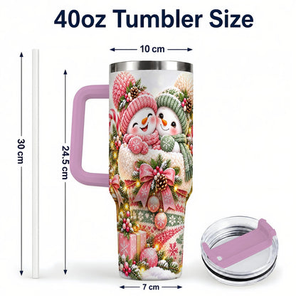 #pl[40oz|Pink] Snowman Duo 40oz Tumbler with Handle, Festive Winter Friends