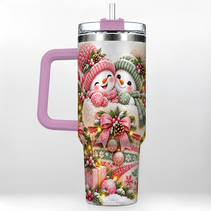 #pl[40oz|Pink] Snowman Duo 40oz Tumbler with Handle, Festive Winter Friends