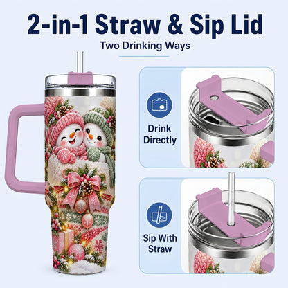#pl[40oz|Pink] Snowman Duo 40oz Tumbler with Handle, Festive Winter Friends