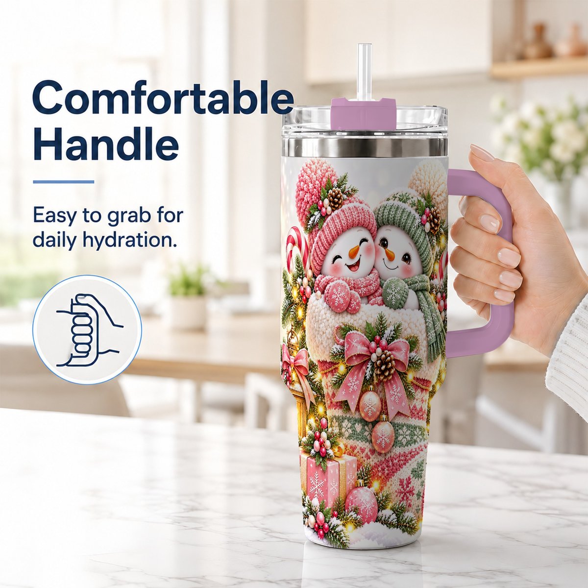 #pl[40oz|Pink] Snowman Duo 40oz Tumbler with Handle, Festive Winter Friends