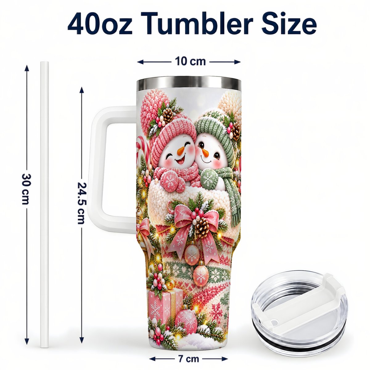 #pl[40oz|White] Snowman Duo 40oz Tumbler with Handle, Festive Winter Friends