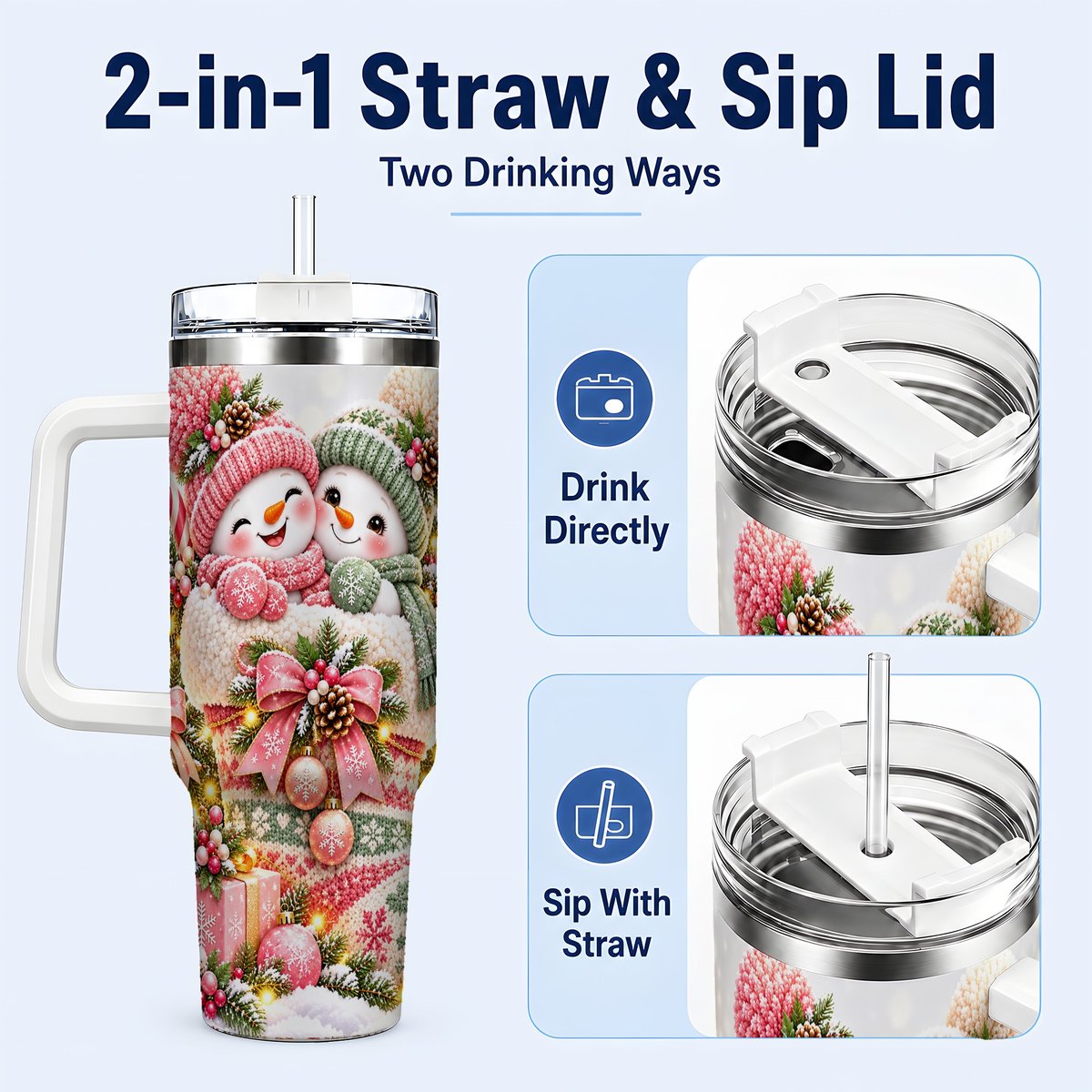 #pl[40oz|White] Snowman Duo 40oz Tumbler with Handle, Festive Winter Friends