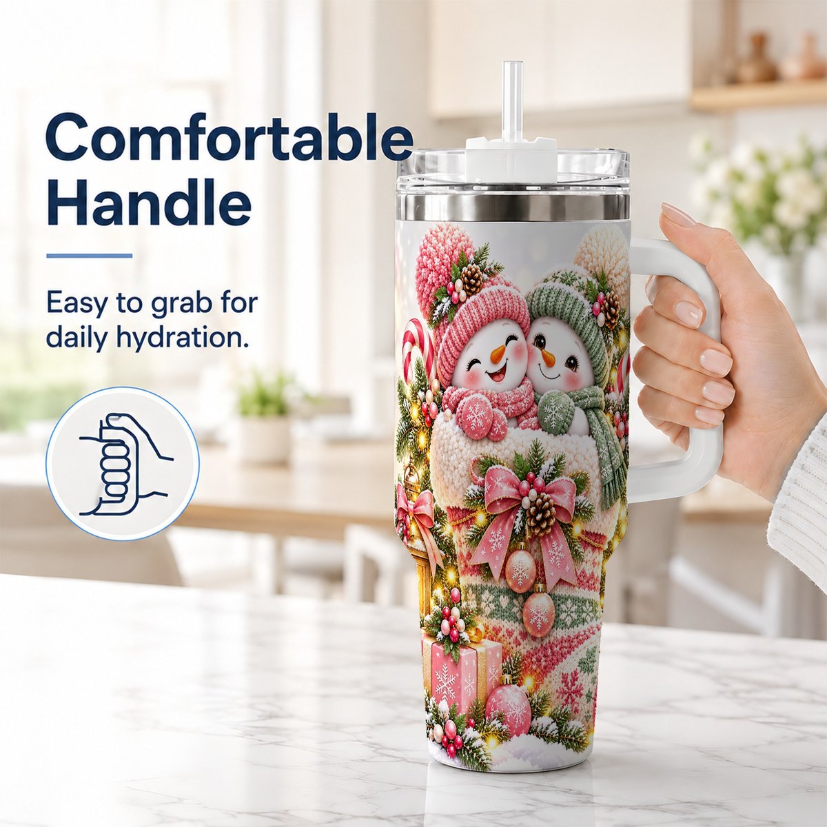 #pl[40oz|White] Snowman Duo 40oz Tumbler with Handle, Festive Winter Friends