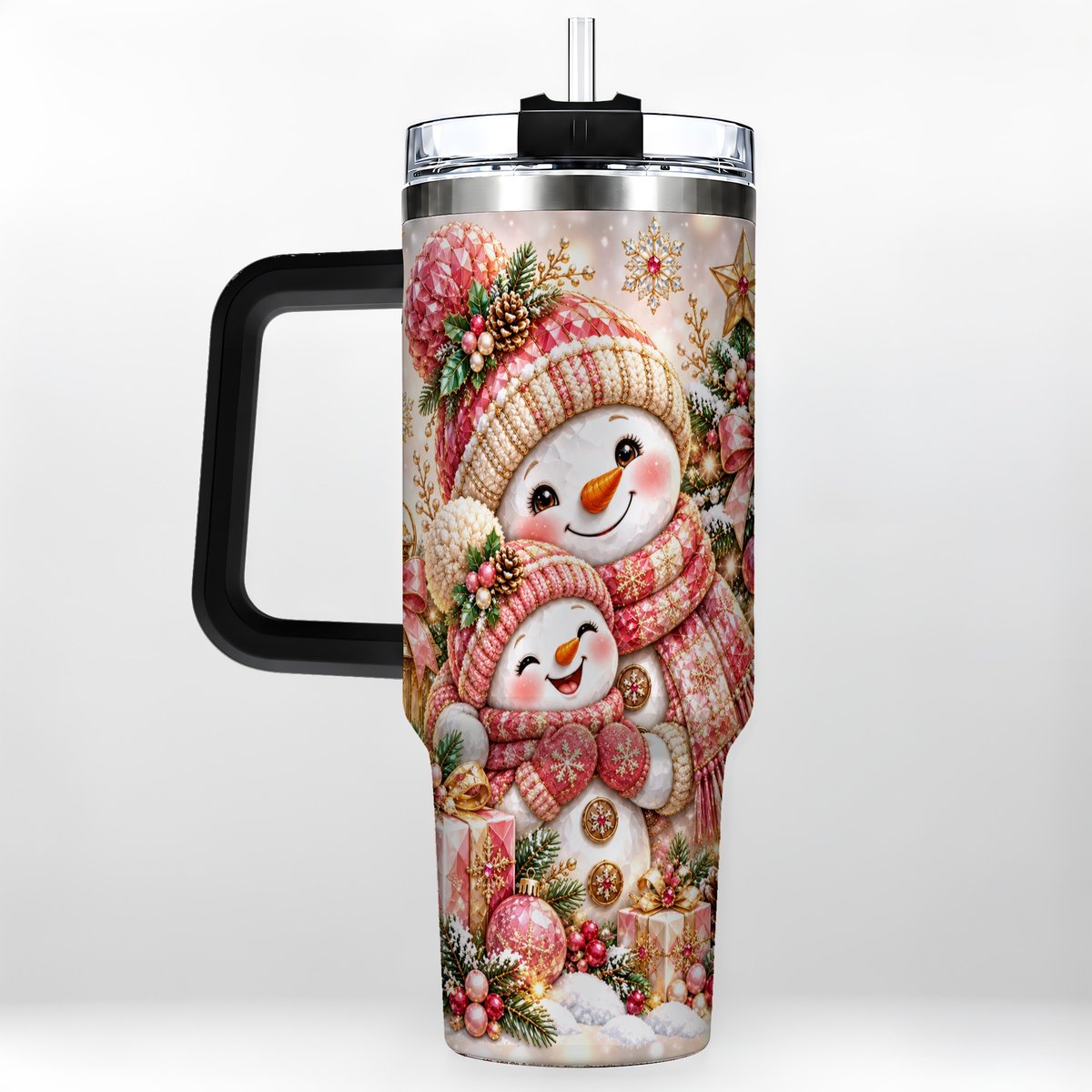 #pl[40oz|Black] Snowman Family 40oz Tumbler with Handle, Christmas Tree Art