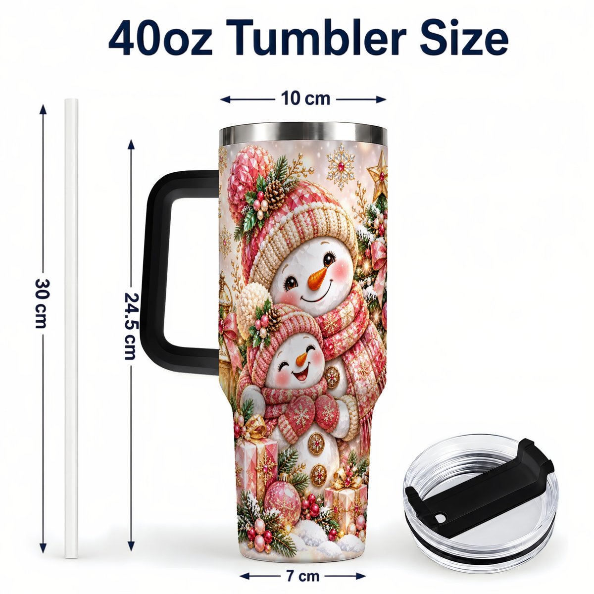 #pl[40oz|Black] Snowman Family 40oz Tumbler with Handle, Christmas Tree Art