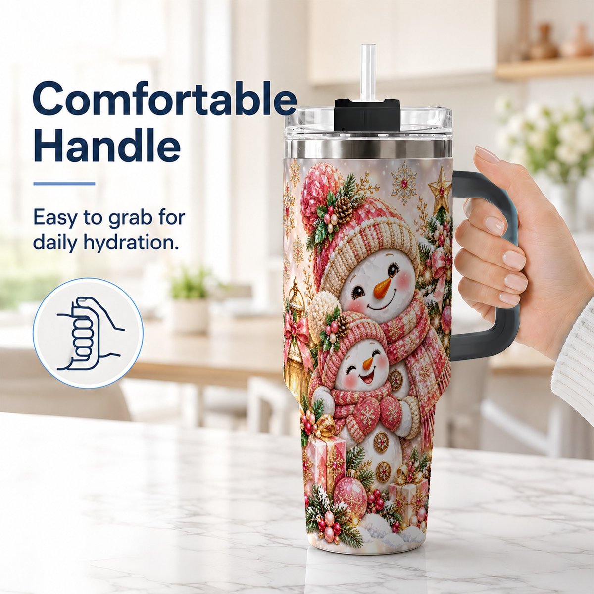 #pl[40oz|Black] Snowman Family 40oz Tumbler with Handle, Christmas Tree Art