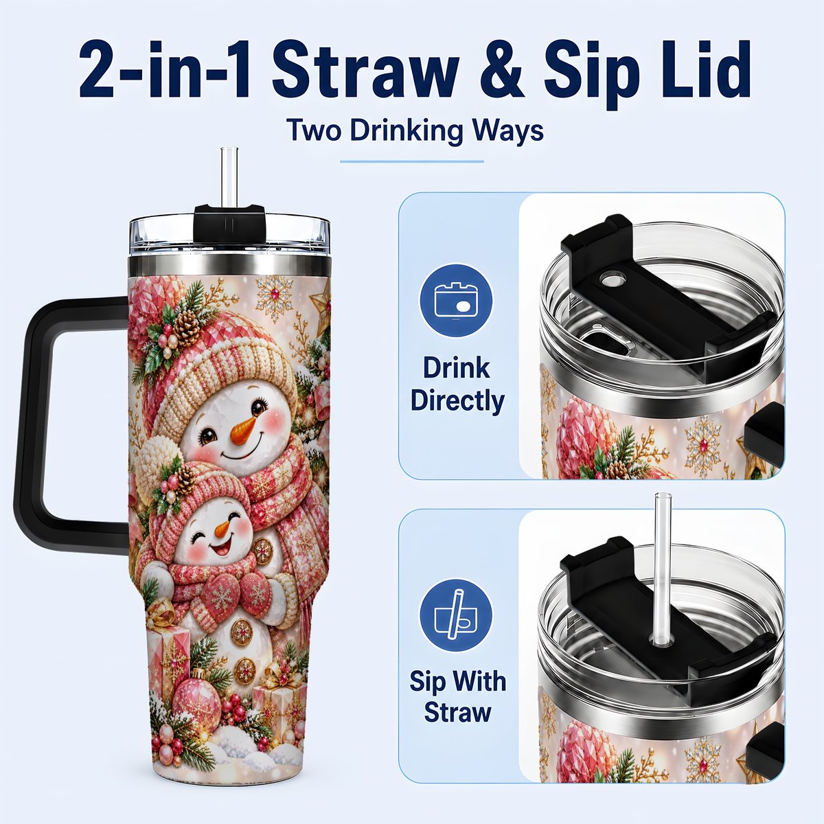#pl[40oz|Black] Snowman Family 40oz Tumbler with Handle, Christmas Tree Art