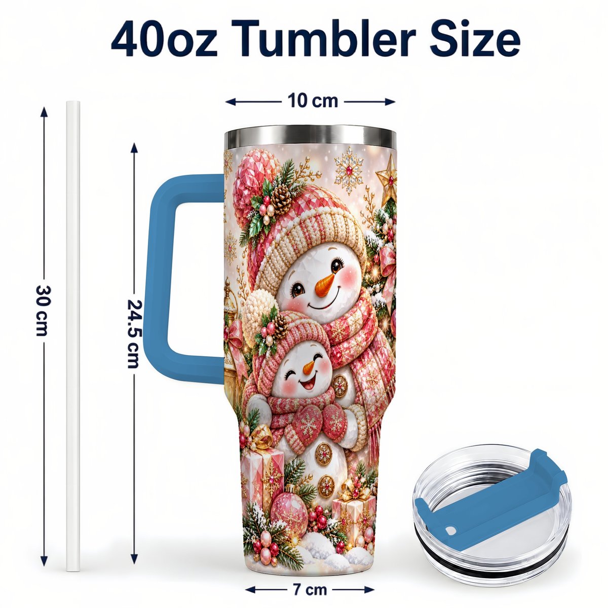 #pl[40oz|Blue] Snowman Family 40oz Tumbler with Handle, Christmas Tree Art