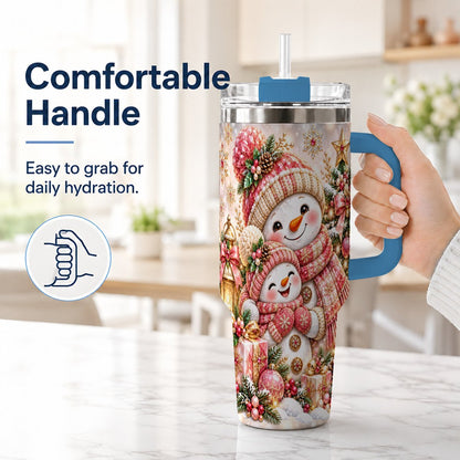 #pl[40oz|Blue] Snowman Family 40oz Tumbler with Handle, Christmas Tree Art
