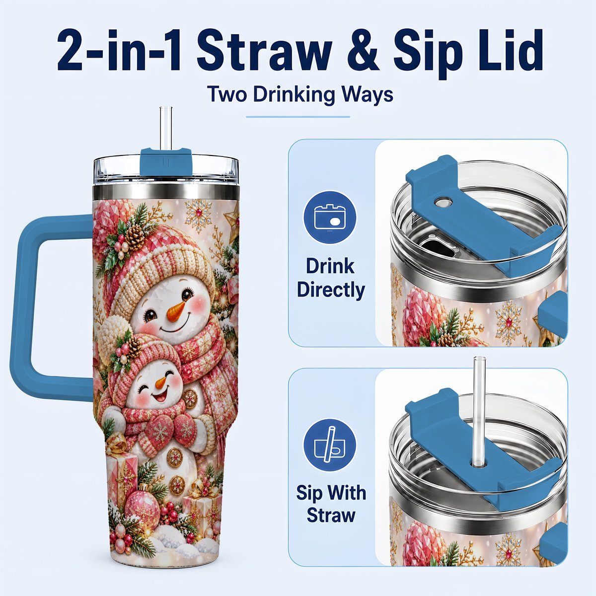 #pl[40oz|Blue] Snowman Family 40oz Tumbler with Handle, Christmas Tree Art