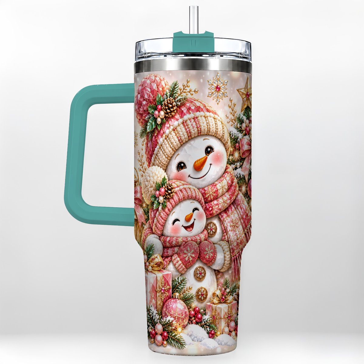 #pl[40oz|Green] Snowman Family 40oz Tumbler with Handle, Christmas Tree Art