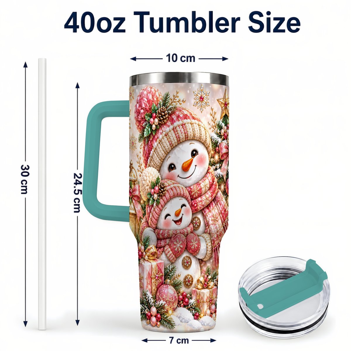 #pl[40oz|Green] Snowman Family 40oz Tumbler with Handle, Christmas Tree Art