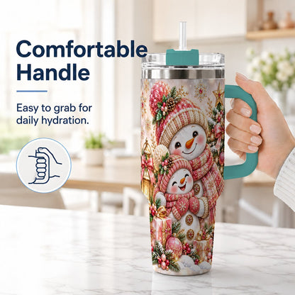 #pl[40oz|Green] Snowman Family 40oz Tumbler with Handle, Christmas Tree Art