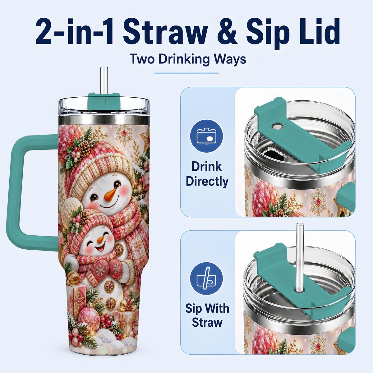 #pl[40oz|Green] Snowman Family 40oz Tumbler with Handle, Christmas Tree Art