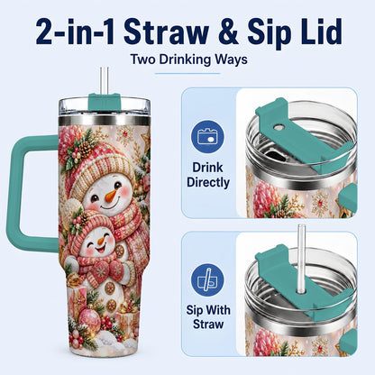 #pl[40oz|Green] Snowman Family 40oz Tumbler with Handle, Christmas Tree Art