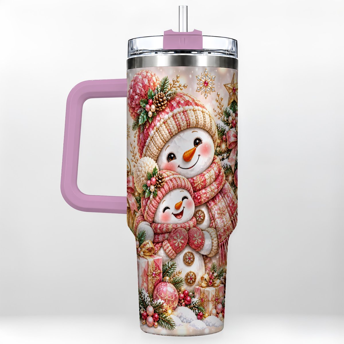 #pl[40oz|Pink] Snowman Family 40oz Tumbler with Handle, Christmas Tree Art