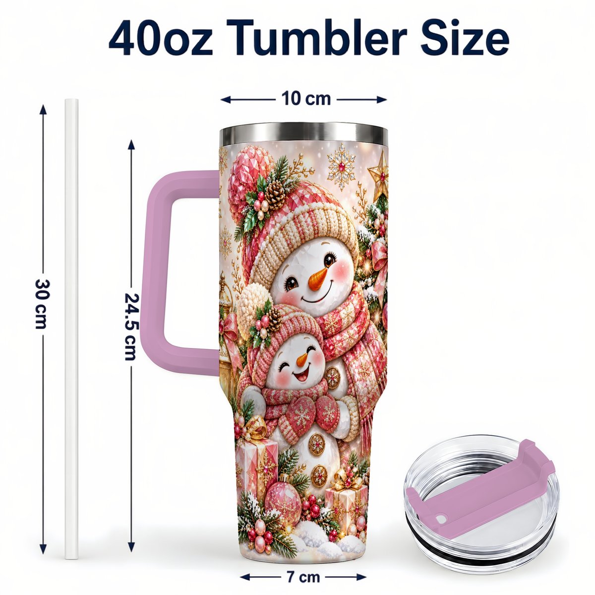 #pl[40oz|Pink] Snowman Family 40oz Tumbler with Handle, Christmas Tree Art