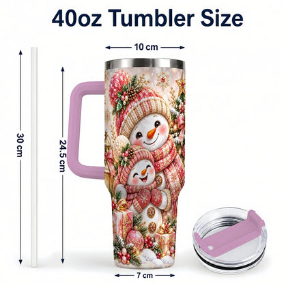 #pl[40oz|Pink] Snowman Family 40oz Tumbler with Handle, Christmas Tree Art
