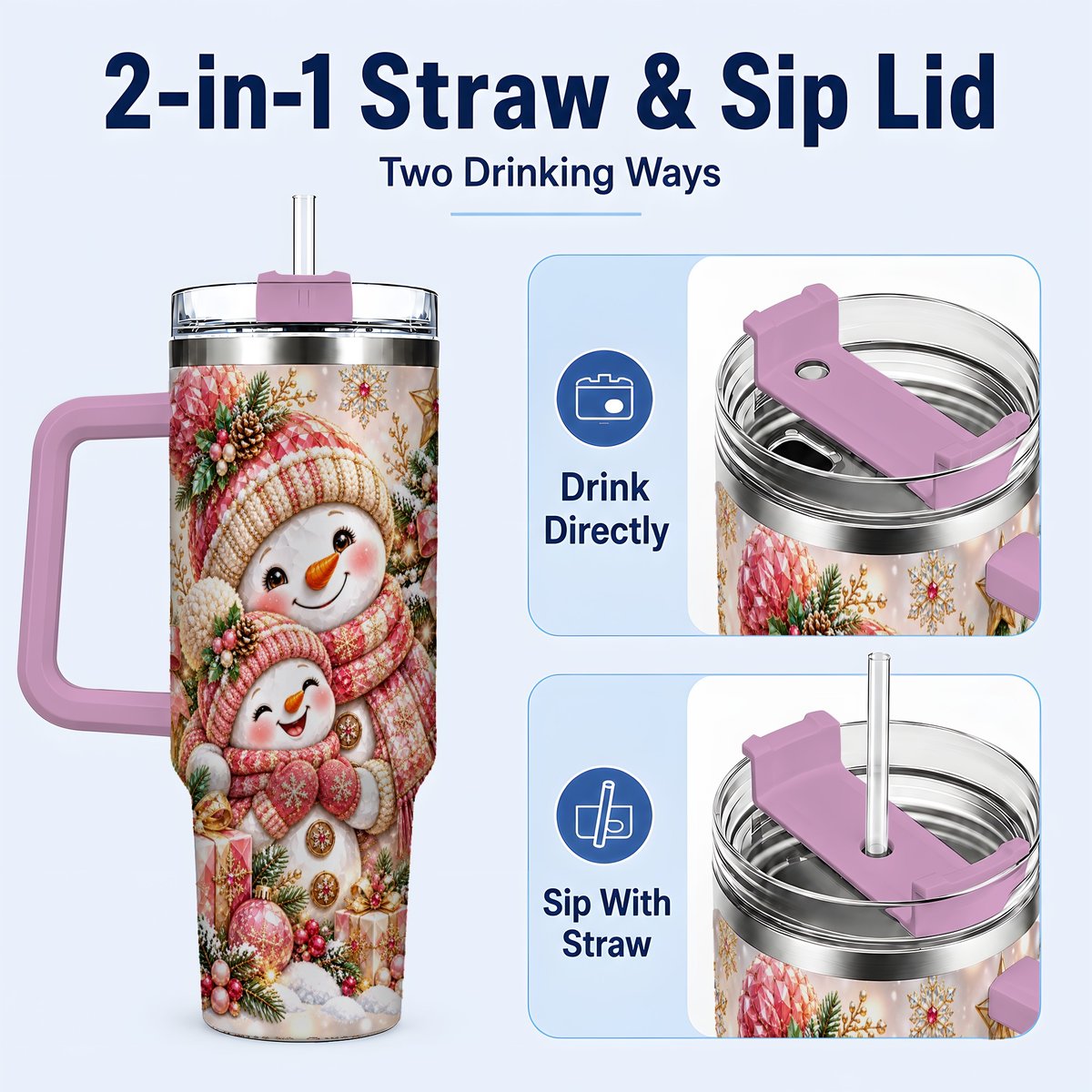 #pl[40oz|Pink] Snowman Family 40oz Tumbler with Handle, Christmas Tree Art