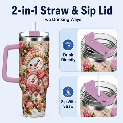#pl[40oz|Pink] Snowman Family 40oz Tumbler with Handle, Christmas Tree Art