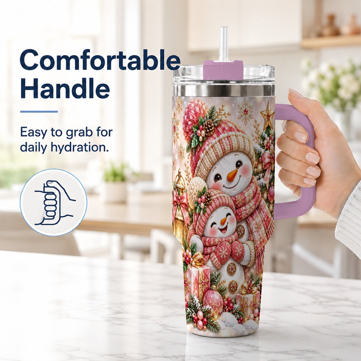 #pl[40oz|Pink] Snowman Family 40oz Tumbler with Handle, Christmas Tree Art