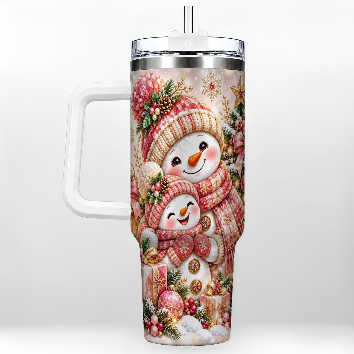 Snowman Family 40oz Tumbler with Handle, Christmas Tree Art