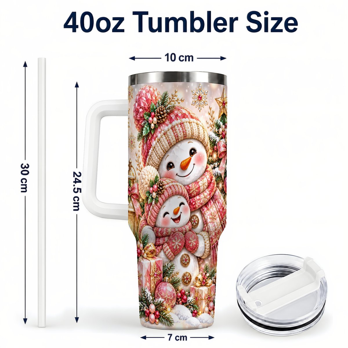 #pl[40oz|White] Snowman Family 40oz Tumbler with Handle, Christmas Tree Art