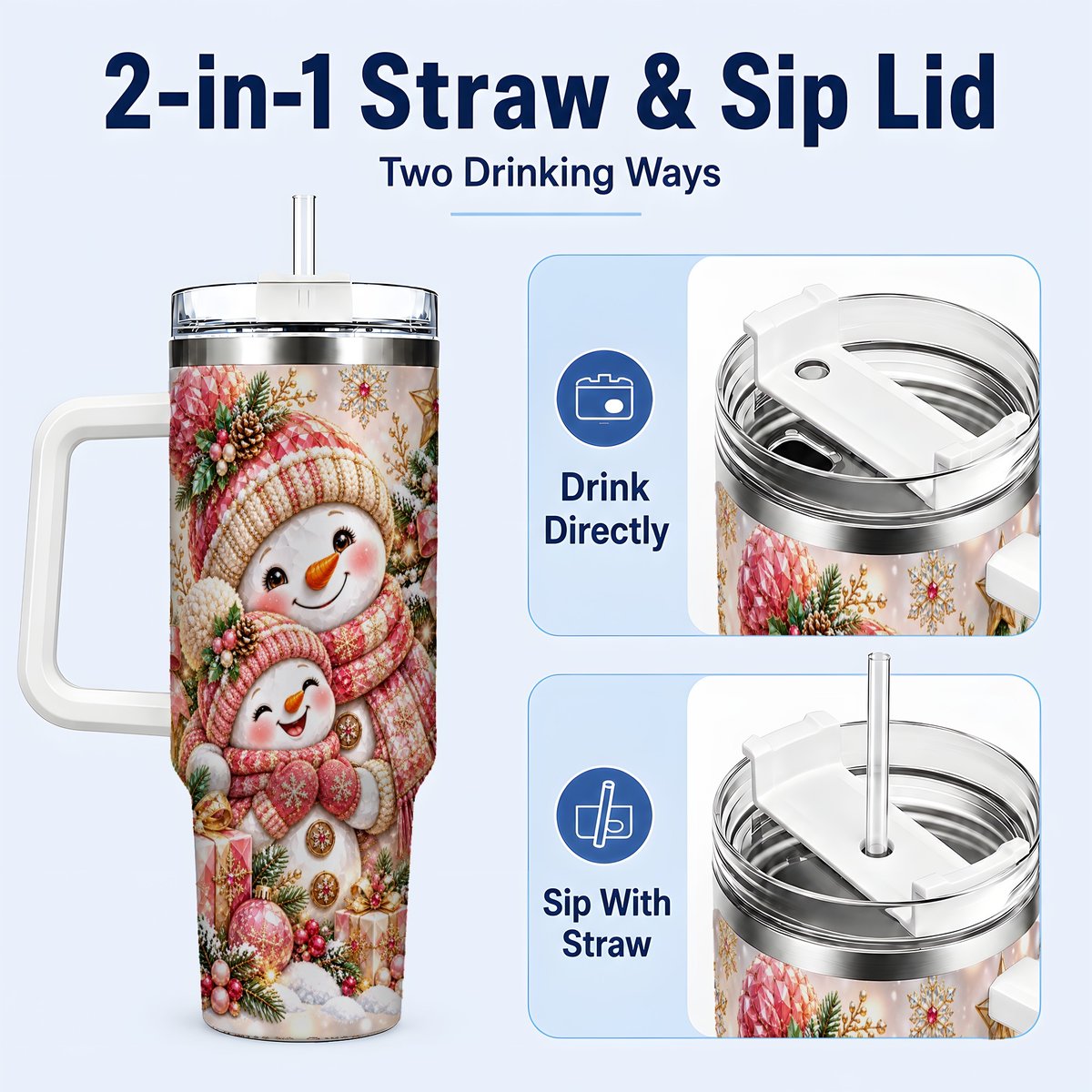 #pl[40oz|White] Snowman Family 40oz Tumbler with Handle, Christmas Tree Art