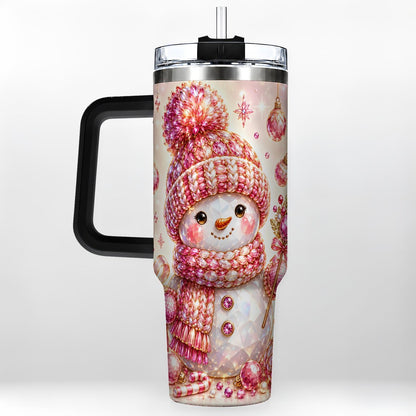 #pl[40oz|Black] Crystal Snowman 40oz Tumbler with Handle, Pink Holiday Art
