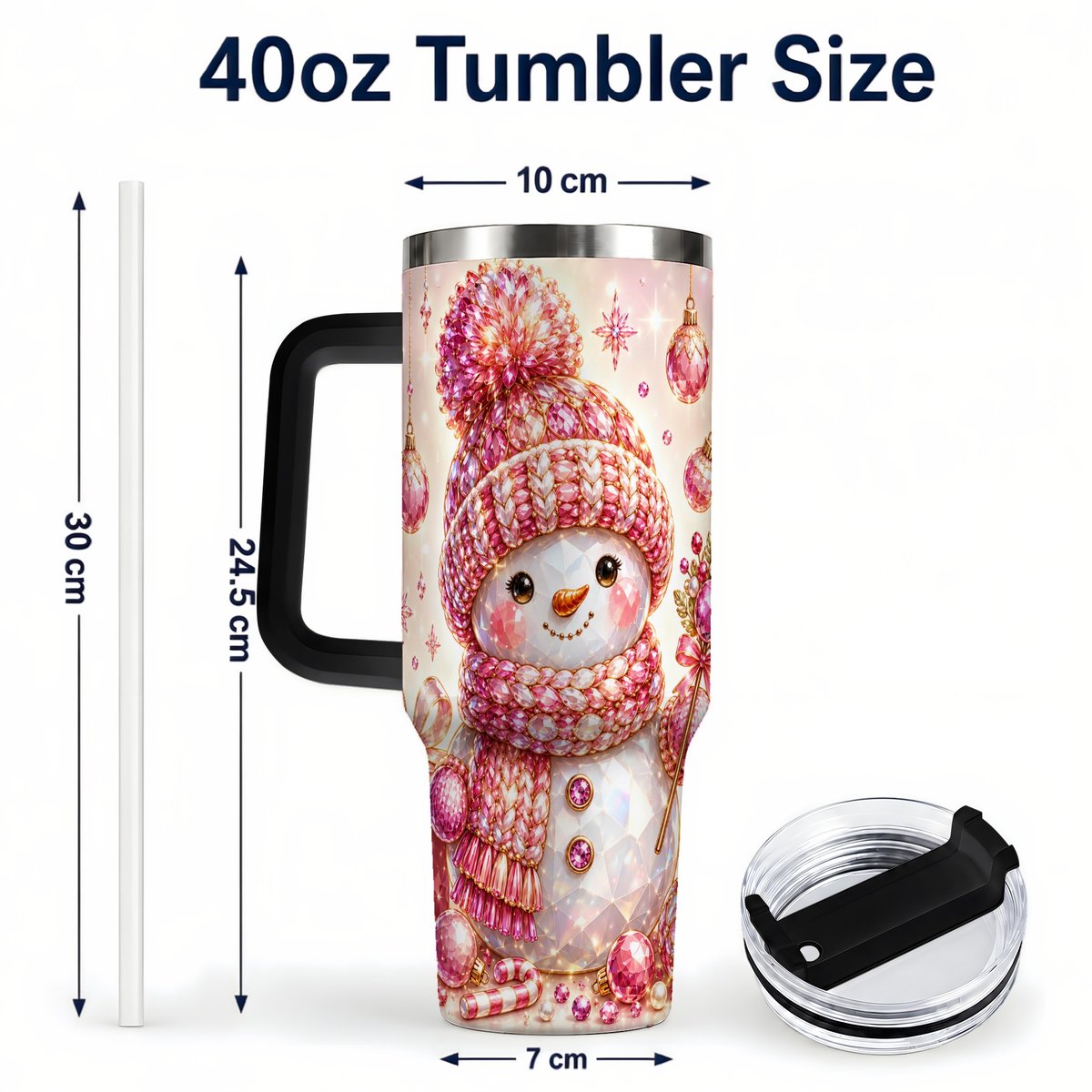 #pl[40oz|Black] Crystal Snowman 40oz Tumbler with Handle, Pink Holiday Art