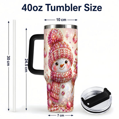 #pl[40oz|Black] Crystal Snowman 40oz Tumbler with Handle, Pink Holiday Art