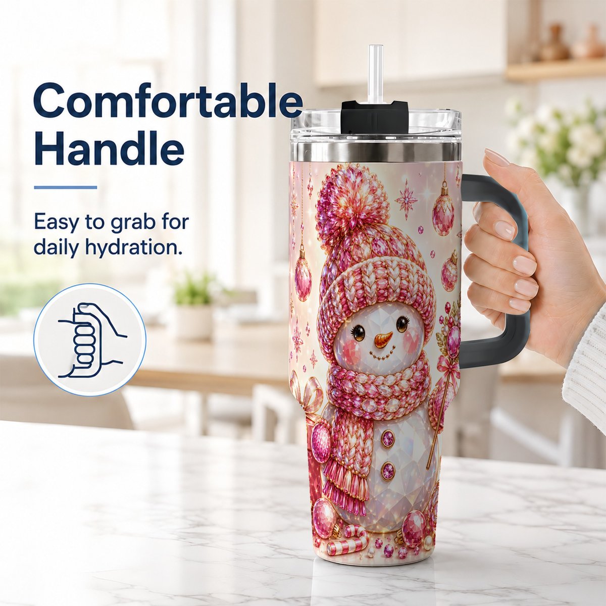 #pl[40oz|Black] Crystal Snowman 40oz Tumbler with Handle, Pink Holiday Art