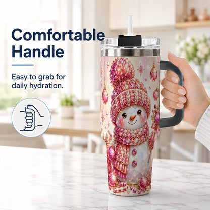 #pl[40oz|Black] Crystal Snowman 40oz Tumbler with Handle, Pink Holiday Art