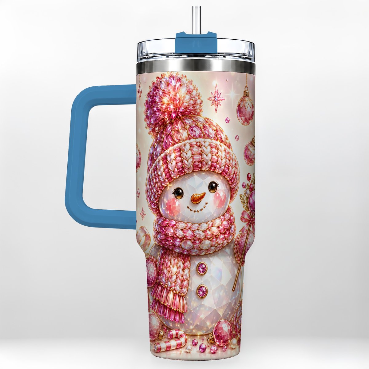 #pl[40oz|Blue] Crystal Snowman 40oz Tumbler with Handle, Pink Holiday Art