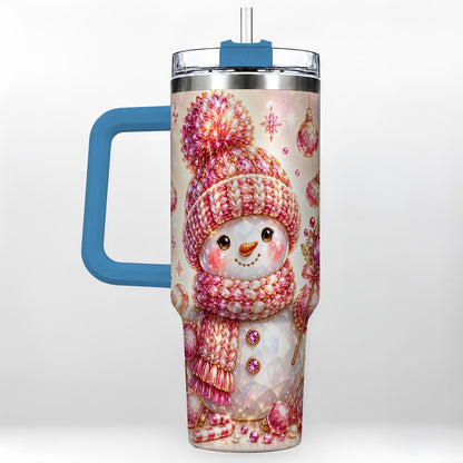 #pl[40oz|Blue] Crystal Snowman 40oz Tumbler with Handle, Pink Holiday Art