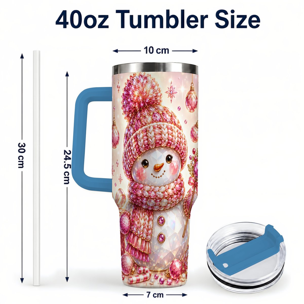 #pl[40oz|Blue] Crystal Snowman 40oz Tumbler with Handle, Pink Holiday Art