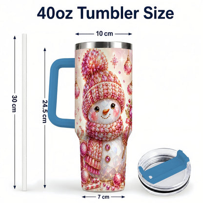 #pl[40oz|Blue] Crystal Snowman 40oz Tumbler with Handle, Pink Holiday Art