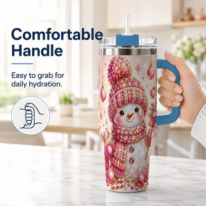 #pl[40oz|Blue] Crystal Snowman 40oz Tumbler with Handle, Pink Holiday Art