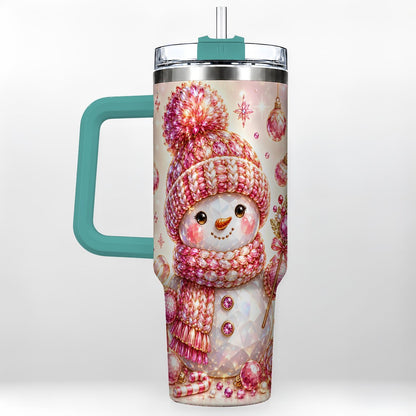 #pl[40oz|Green] Crystal Snowman 40oz Tumbler with Handle, Pink Holiday Art