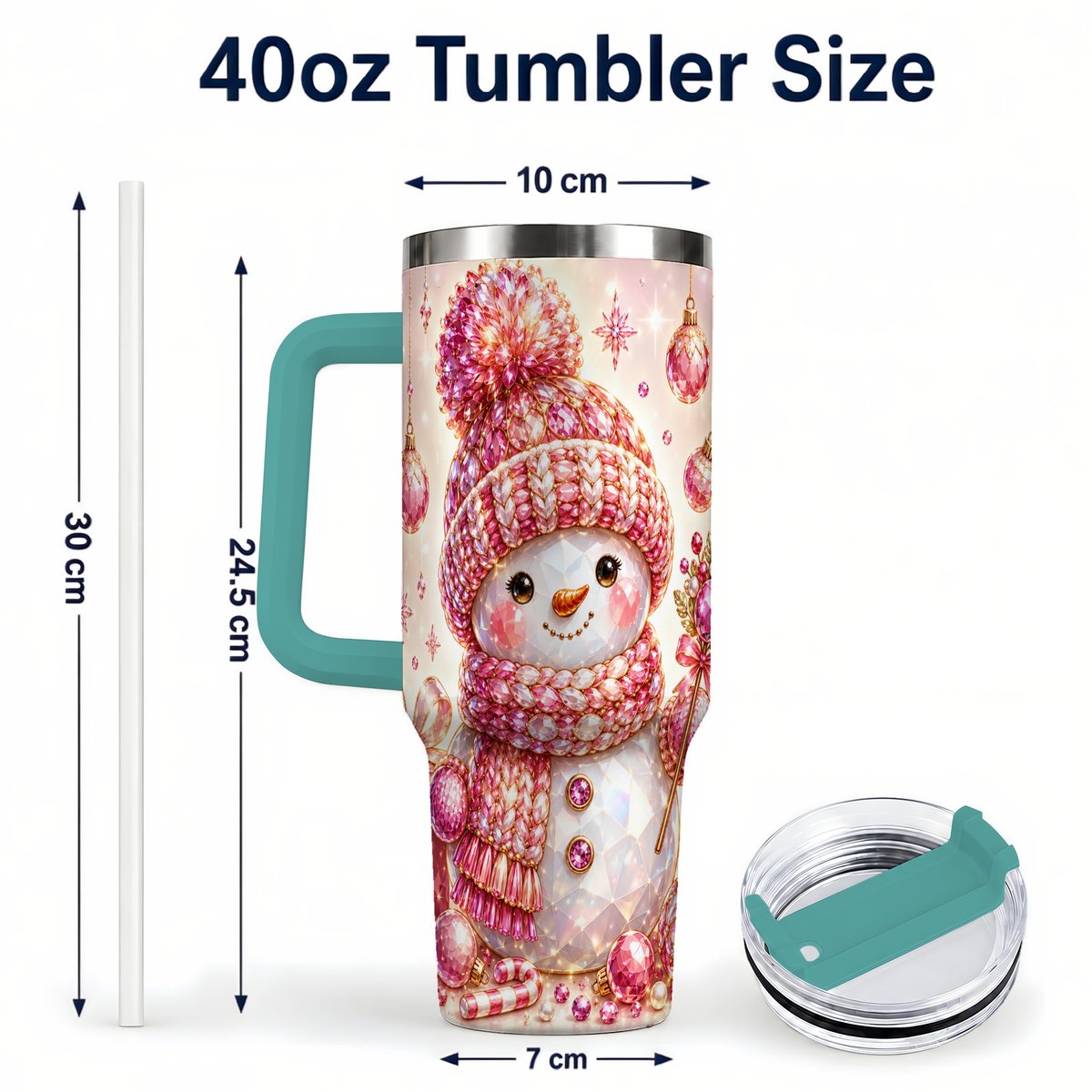 #pl[40oz|Green] Crystal Snowman 40oz Tumbler with Handle, Pink Holiday Art