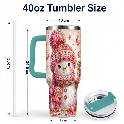 #pl[40oz|Green] Crystal Snowman 40oz Tumbler with Handle, Pink Holiday Art