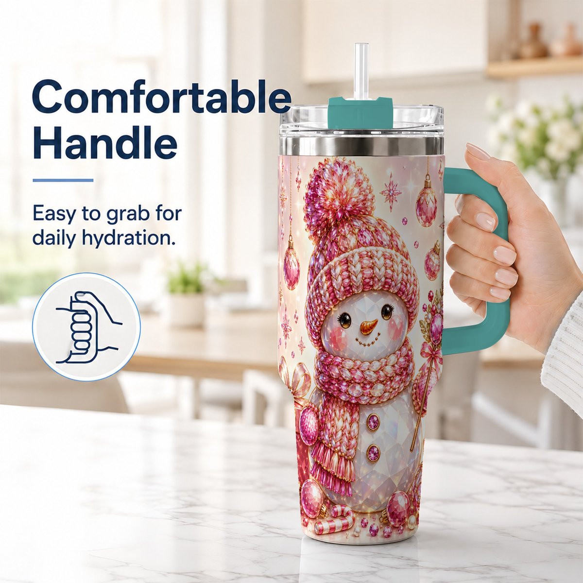 #pl[40oz|Green] Crystal Snowman 40oz Tumbler with Handle, Pink Holiday Art